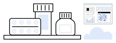 İlaç şişeleri, hap şişeleri ve bulutlu dijital gösterge paneli, modern sağlık hizmetleri, veri analizi ve çevrimiçi eczaneyi temsil ediyor. Teknoloji, sağlık, tıbbi araştırma eczane AI için ideal