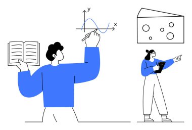 Matematiksel grafikler, veri grafikleri ve eğitim araçlarıyla uğraşan insanlar. Takım çalışması, eğitim, analiz, STEM kavramları, işbirliği, sunumlar için ideal basit iniş sayfası