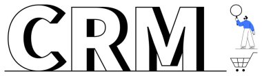 Büyük CRM mektupları, elinde bir balon ve küçük bir alışveriş arabası tutan bir müşteri. Müşteri yönetimi için ideal, iş araçları, dijital çözümler, pazarlama, e-ticaret, markalaşma, basit iniş sayfası