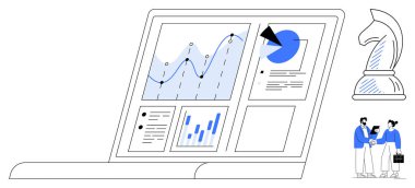Analitik grafikleri, pasta grafiğini ve veri içgörülerini gösteren dizüstü bilgisayar. Satranç şövalyesi stratejiyi sembolize eder. Analiz, iş zekası, takım çalışması, planlama, strateji ve liderlik için ideal
