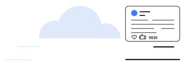 Sosyal medya arayüzü olan bulut başparmaklar ve nişan istatistikleri içeriyor. Bulut depolama, dijital bağlantı, sosyal ilişki, veri paylaşımı, analiz, ağ oluşturma, basit