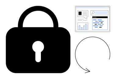 Güvenliği simgeleyen kilitle, veriyi gösteren web sayfası ve kurtarılmak için dairesel ok. Siber güvenlik, veri koruması, yedekleme, yazılım, teknoloji, bilişim hizmetleri için ideal bir iniş sayfası