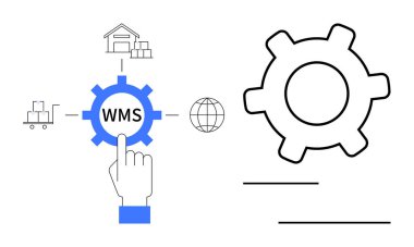 Parmak tıklamasına, depo simgesine, küreye ve el arabasına bağlı WMS etiketli bir vites. Lojistik, otomasyon, tedarik zinciri, depo verimliliği, envanter yönetimi küresel ticaret dairesi için ideal