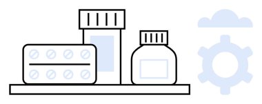 Sağlık hizmetleri teçhizatı ve bulut simgeleri ile çevrili bir rafta ilaç şişeleri ve su toplayıcıları. Eczane, sağlık, ilaç, tıbbi malzeme, tedavi, teknoloji ve sağlık için ideal