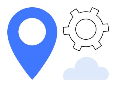 Mavi lokasyon iğnesi, ana teçhizat ve minimal bulut simgesi navigasyon, işleme ve dijital kavramları iletir. Teknoloji, navigasyon, bulut hesaplama, yazılım ayarları optimizasyonu için ideal
