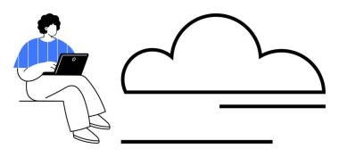 Geniş soyut bulut şekilli bir dizüstü bilgisayarın yanında oturan kişi, bulut hesaplamasını, çevrimiçi çalışmayı ve teknolojik işbirliğini simgeliyor. Teknoloji, iletişim, otomasyon, uzaktan çalışma için ideal