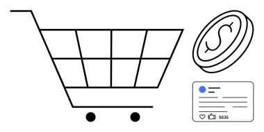 Ticareti simgeleyen alışveriş arabası, finans için dolar madeni para ve nişan için sosyal medya kartı. E-ticaret, sosyal pazarlama, yatırım, perakende analiz, dijital reklamlar, markalaşma için ideal