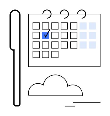 Vurgulanmış bir tarih ve kalem ile bir bulut simgesinin yanında takvim. Planlama, teslim tarihleri, organizasyon, hatırlatıcılar, verimlilik, programlama, öncelik verme eylemleri için ideal. Düz basit metafor