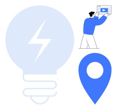 Yıldırımlı ampul, harita raptiyesi ve çalma düğmesiyle ekranı tutan biri. Yaratıcılık, yenilik, teknoloji, öğrenme, sunum, navigasyon için ideal basit iniş sayfası