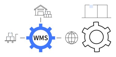 Depo, teslimat arabası, WMS etiketli dişli, dünya ve teknoloji sistemi simgeleri. Lojistik, envanter, işlemler, otomasyon e-ticaret depo yönetimi için ideal basit iniş sayfası
