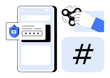 Mobil uygulama girişi parola kalkanı, el ele tutuşan döner ve meta veri bloğu. Teknoloji, siber güvenlik, sosyal medya, odaklanma, kimlik, üretkenlik için ideal basit iniş sayfası