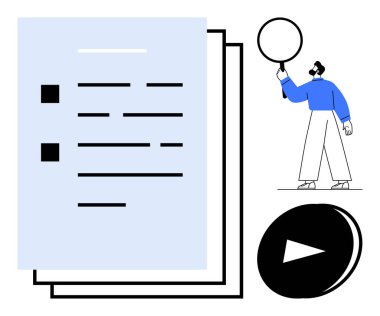 Dijital belge arayüzü, daire sembolü tutan kullanıcı ve oynat düğmesi. İçerik yönetimi, kullanıcı etkileşimi, medya erişimi, dijital öğrenme, video kılavuzları, çevrimiçi biçimler için ideal basit