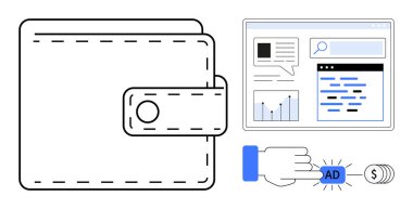 Cüzdan, el tıklama düğmesi, analiz ve çevrimiçi arayüz. Dijital pazarlama, e-ticaret, çevrimiçi ödemeler, iş büyümesi, teknoloji finansal işlemler için ideal basit iniş sayfası