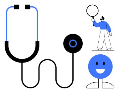 Mavi aksanlı steteskop, gülen yüz refahı simgeliyor, elinde balon tutan adam. Sağlık, sağlık, tıbbi hizmetler, pozitiflik, profesyonel bakım, akıl sağlığı için idealdir.