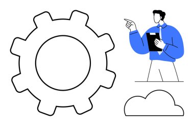 Büyük dişli, elinde dosya ve bulut tutan profesyonel bir adamı sembolize ediyor. Takım çalışması, sistem, iş akışı, üretkenlik, yönetim, bilişim için ideal, düz basit metafor