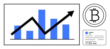 Yükselen trend çizgisi, Bitcoin logosu ve kripto para birimi büyümesini, yatırım eğilimlerini, istatistikleri temsil eden sosyal medya gereci içeren bar tablosu. Finans, engelleme zinciri, teknoloji ve pazarlama verileri için ideal