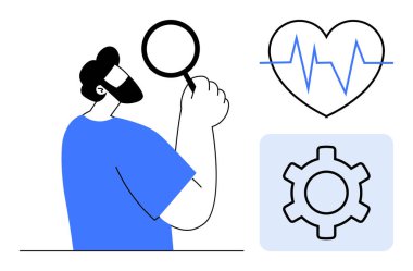 Elinde büyüteç, kalp atış hızı monitörü ve analizi, sağlığı ve yeniliği temsil eden vites simgesi olan kişi. Sağlık, tanı, teknoloji, araştırma ve sorun çözme için ideal