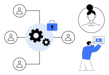 Dört kullanıcı profilini birbirine bağlayan dişli mekanizması, güvenlik kilidi, ekranda video gösteren kullanıcı, kadın avatar. Proje yönetimi, takım çalışması, veri güvenliği, iş akışı, sistem entegrasyonu için ideal
