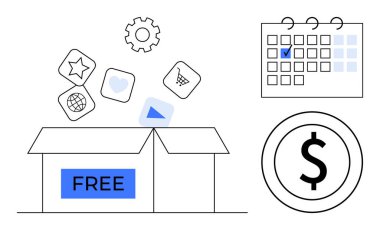 Açık kutuda serbest bırakılan simgeler, yıldız, kalp, alışveriş arabası. İşaretli takvim ve dolar işaretli takvim, zaman ve maliyetleri gösteriyor. Pazarlama, planlama ve e-ticaret için ideal.