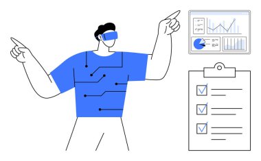 Dijital çizelgelere ve kontrol listesine işaret eden VR kulaklık takan bir adam. Teknoloji için ideal, VR, yenilik, üretkenlik, iş stratejisi, veri görselleştirme, basit iniş sayfası