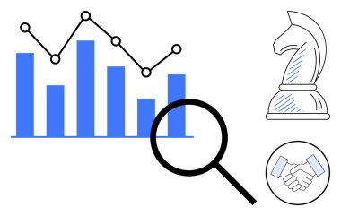 Bar çizelgesi ve çizgi grafiği büyüteçle incelendi, stratejik planlama için satranç şövalyesi, ortaklık için tokalaşma. İş, strateji, analiz, işbirliği, planlama, içgörü için ideal