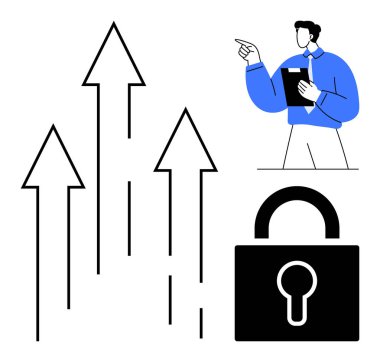 Büyümeyi temsil eden oklar, pano jesti tutan profesyoneller ve güvenliği sembolize eden asma kilit. İlerleme, liderlik, strateji, kalkınma, yenilik, koruma iletişimi için ideal