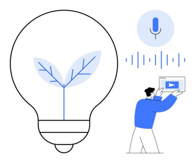 Yeşil filizli bir ampul, mikrofon ikonu, ses dalgaları, dijital ekran tutan biri. Teknoloji, yenilik, çevre bilinci, akıllı araçlar, sürdürülebilirlik dijital öğrenme için idealdir.