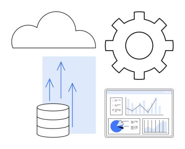 Bulut, veritabanı, yukarı bakan oklar, analitik gösterge paneli ve çark vurgu teknolojisi, veri depolama, işleme, büyüme yenilik analizleri ve bulut çözümleri. Dijital servisler için ideal