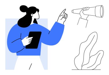 Elinde tablet olan bir kadın, teleskopu işaret ediyor, bitki elementiyle. Keşif, keşif, odaklanma, araştırma, teknoloji, liderlik için ideal basit bir iniş sayfası