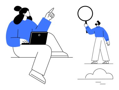 Dizüstü bilgisayarla çalışan kadın, elinde büyüteçle yukarı doğru hareketler yapıyor. Takım çalışması, araştırma, çevrimiçi öğrenme, beyin fırtınası, problem çözme, yenilik, basit iniş sayfası için ideal