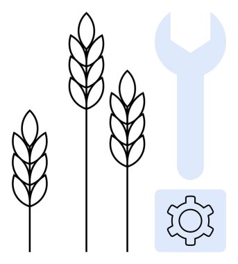 İngiliz anahtarı ve teçhizatı yanında buğday sapları. Tarım, yenilik, teknoloji, tarım geliştirme, tarım teknolojisi, ekin yönetimi, sürdürülebilir tarım, basit iniş sayfası için ideal