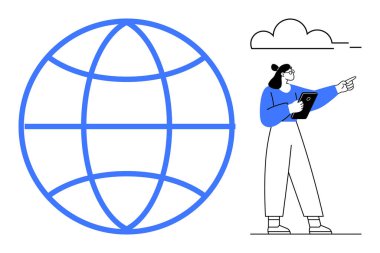 Şebeke tarzı küre bağlantıyı sembolize ediyor. Tabletle işaret eden kadın, arka planda bulut. Teknoloji, eğitim, iletişim, küresel ulaşım, internet, yenilik için ideal basit bir iniş sayfası