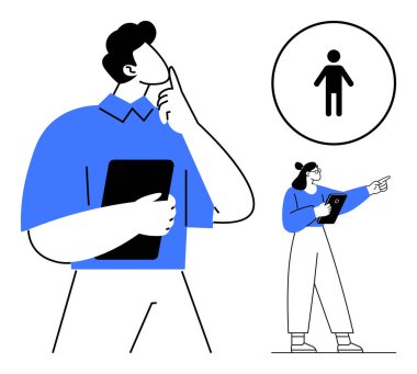 Üretken bir tartışmada tabletleri tutan iki profesyonel, biri derin derin düşünürken diğeri el kol hareketi yapıyor. Takım çalışması için ideal, işbirliği, planlama, problem çözme, tasarım düşünme, insan odaklı