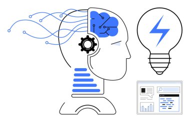 Sinir hatları, beyin takımları, fikir üretmek için ampul ve veri arayüzü olan bir insan kafasının taslağı. Teknoloji için ideal, yapay zeka, yaratıcılık, yenilik, beyin fırtınası veri bilimi basit iniş sayfası