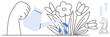 Bir satranç şövalyesi stratejik düşünceyi sembolize ederken çiçek açan bir el suyu. Büyüme, planlama, yetiştirme, başarı, liderlik, yaratıcılık, takım çalışması için idealdir. Düz basit metafor