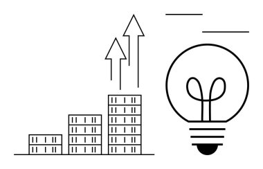 Çizelge yığınları, yenilik için parlayan bir ampulün yanında büyümeyi sembolize eden oklarla yükseliyor. İş, strateji, yenilik, girişimcilik, büyüme, başarı, finans için ideal