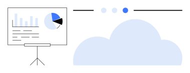 Grafik ve pasta grafikli sunum tahtası bir bulut simgesinin yanında. Teknoloji, veri depolama, analitik, takım çalışması, eğitim, ağ oluşturma, basit iniş sayfası için ideal