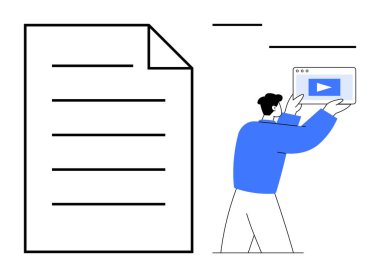 Belge simgesinin yanında video oynatıcı tutan adam. Eğitim, pazarlama, dijital medya, iletişim, belgeler, iş akışı, çevrimiçi içerik için ideal. Basit bir iniş sayfası için mükemmel