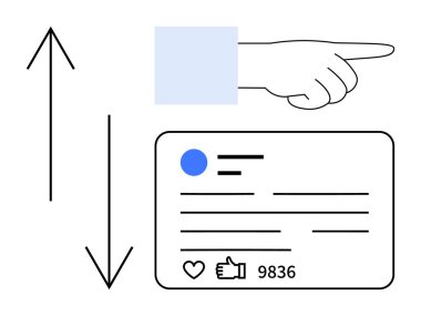 İçerik kartına nişan istatistikleri, tepki simgeleri, dikey oklar olan el işaretleri. Sosyal medya, kullanıcı etkileşimi, katılım analizleri, geribildirim, UI tasarımı, pazarlama sade iniş için ideal