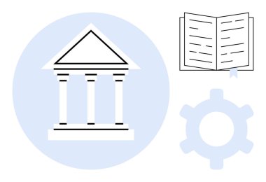 Üç direkli bina, kitap ayracı ve yönetim, eğitim ve sistemleri gösteren teçhizat. Hükümet, hukuk, eğitim, idari politika oluşturma süreçleri ve reform için ideal