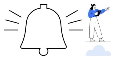 Tableti analiz eden kişinin yanında uyarıyı sembolize eden büyük zil simgesi. İletişim için ideal, uyarı, güncelleme, takım çalışması, ofis, planlama, basit iniş sayfası