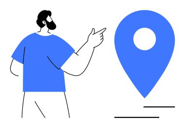 Büyük mavi bir lokasyon iğnesini işaret eden günlük giysili bir adam navigasyon, hedef ve konumu sembolize ediyor. Navigasyon, seyahat, yön, konum hizmetleri ve haritalama için ideal