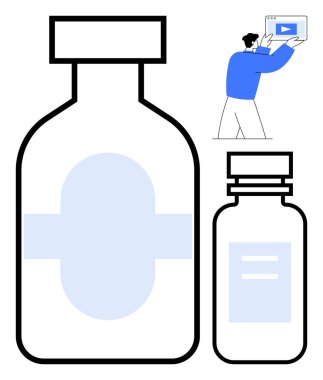 Etiketli iki büyük ilaç şişesi ve video içeriği sunan bir kişi. Sağlık hizmetleri, çevrimiçi dersler, eczane, tıbbi kaynaklar, e-öğrenim, eğitim, basit iniş sayfası için ideal