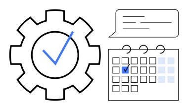 İşaretli vites, işaretli takvim ve konuşma baloncuğu. Üretkenlik, organizasyon, iş akışı, planlama, takım çalışması planlama geliştirme için idealdir. Düz basit metafor
