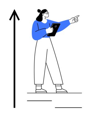 Tableti tutan kadın yukarı doğru giden bir oku işaret ederek yön ve ilerlemeyi gösteriyor. Yenilik için ideal, başarı, takım çalışması, hedef belirleme, liderlik, vizyon, basit iniş sayfası