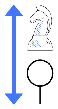 Satranç şövalyesi stratejiyi sembolize eder odaklanma için büyüteç, büyüme için yukarı ok. Strateji, analiz, liderlik, karar verme, odaklanma ve gelişme için ideal. Düz basit