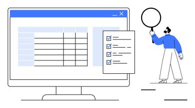Veri tablosu olan bir bilgisayar ekranı, liste örtüşmesi ve boş bir balon tutan bir kişi. Görevler, veri organizasyonu, yönetim, işbirliği, analitik, basit iniş sayfası planlama için ideal