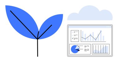 Analitik gösterge paneli, grafikler ve bulutun yanında mavi bitki yaprağı sembolü. Sürdürülebilirlik, eko-ticaret, veri görselleştirme, büyüme, ilerleme izleme, basit iniş sayfası için ideal