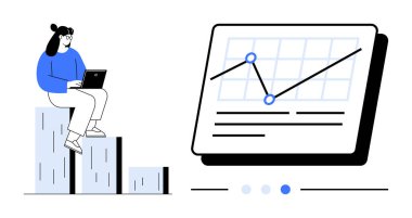 Kadın, veri noktaları ve ızgarası olan bir çizelgenin yanında dizüstü bilgisayarla stilize edilmiş bar tablosunda oturuyor. İş analizi, büyüme izleme, veri görselleştirme, pazar eğilimleri, raporlar, strateji, basit