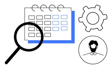 Görev analizi için büyüteç, işlem ayarları için dişli, kullanıcı rolü için profil simgesi. Yönetim, planlama, üretkenlik, iş akışı, takvim ve askere alma araştırmaları için ideal